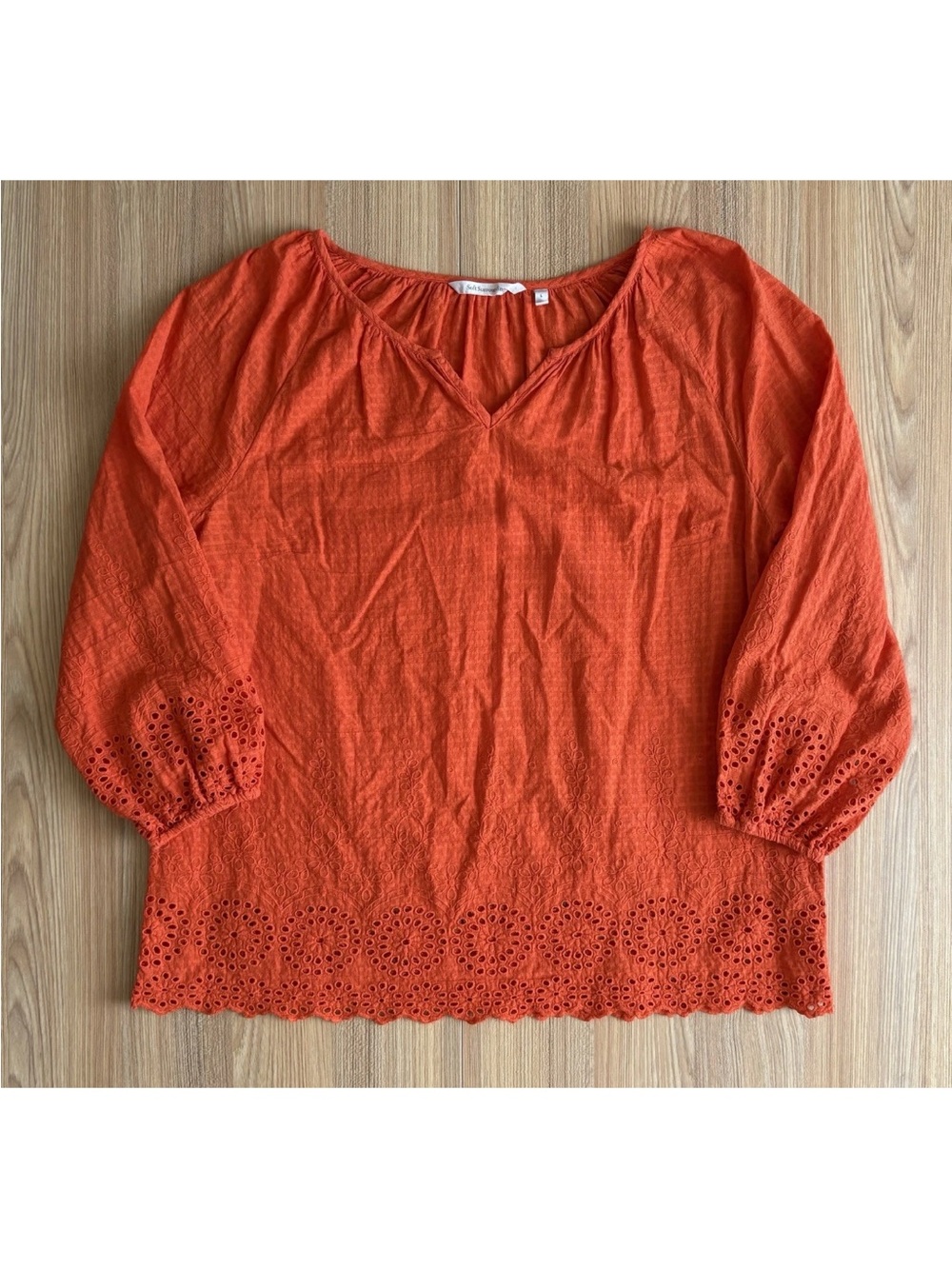 Soft Surroundings Balloon Sleeve Eyelet Top Womens L Orange Textured Resortwear